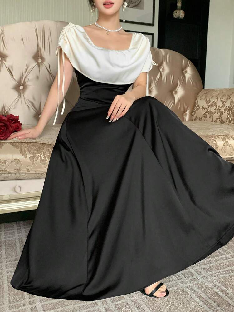 Spring & Summer Black & White Color Block Design Elegant Floral Prom Dress, One-Shoulder, Flared Hem, Ruffle Trim, Formal Party Cocktail Midi Dress Off The Shoulder Cocktail Dress