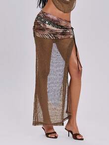 ROMWE Spring/Summer Y2K Retro Sexy Grungy Boho Style Patchwork Embroidered Mesh Waist Ruched Asymmetric Slit Maxi Skirt - Brown - View 1