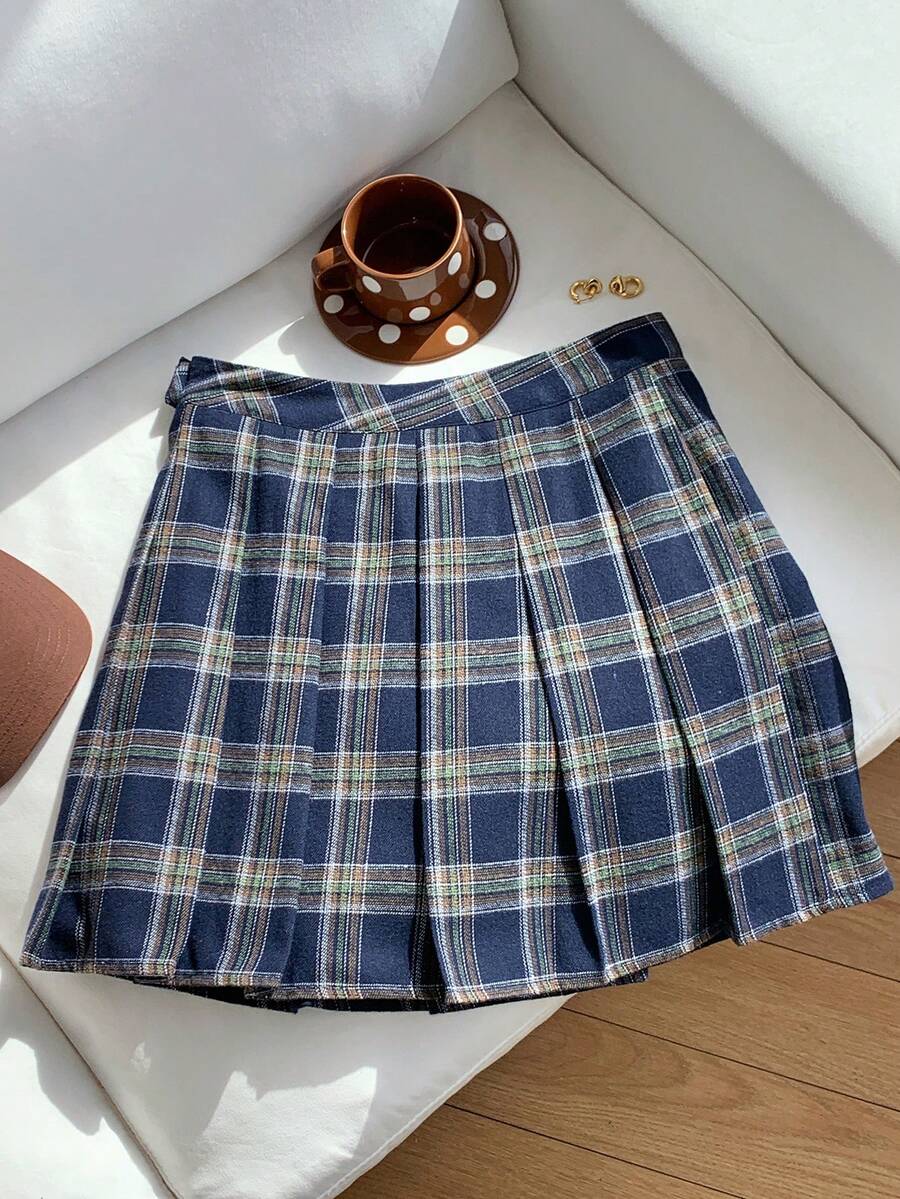 SHEIN EZwear 蓝色格子百褶中长裙，女士休闲纽扣百褶拉链迷你修身自然多色格子裙，非常适合春夏日常休闲穿着。 - 藍色 - 查看 1