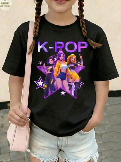 Tween Girls Crew Neck Short Sleeve Creative Cartoon Pattern Casual Summer T-Shirt