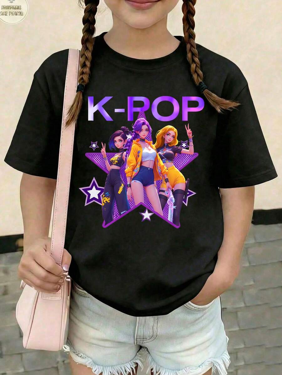 Tween Girls Crew Neck Short Sleeve Creative Cartoon Pattern Casual Summer T-Shirt - Black - View 1