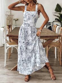 SHEIN 女士蓝白碎花露背蝴蝶结腰A字连衣裙，魅力优雅休闲度假通勤性感时尚约会法式街头复古百搭春夏蓝白新款长裙 - 彩色 - 查看 6