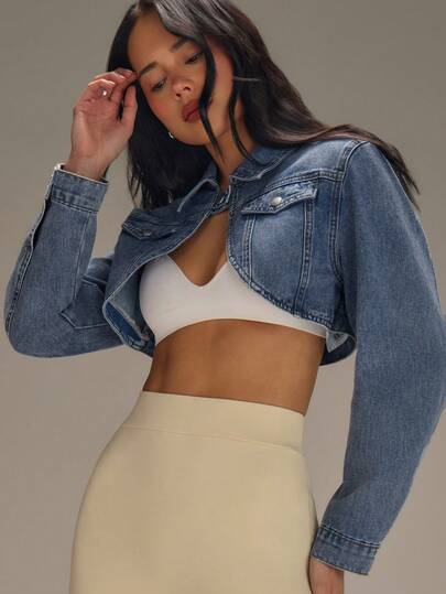 Athîral Women's Casual Vacation Super Short Denim Jacket, Long Sleeve, Blue, Suitable For Outdoor Wear