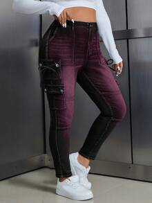 SHEIN ICON 大码女式口袋纽扣打结休闲百搭日常牛仔裤 - 黑色 - 查看 3