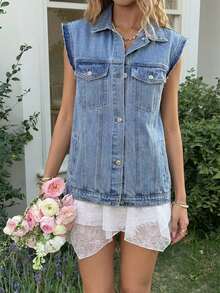 Sunnyshic 女士单排扣休闲百搭牛仔背心 - 淺色水洗藍 - 查看 3