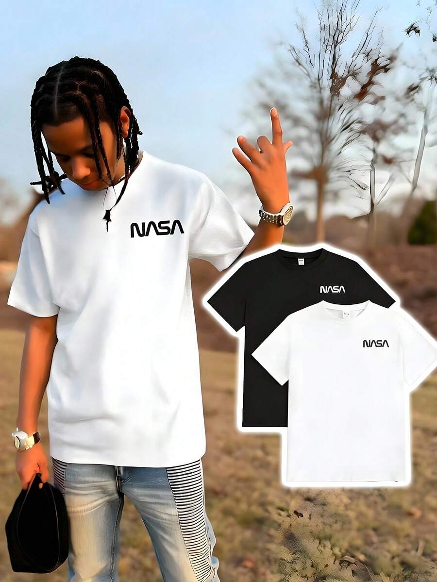 SHEIN Coolqubz 2pcs/Set Teenage Boys Short Sleeve T-Shirts - Black and White - View 1