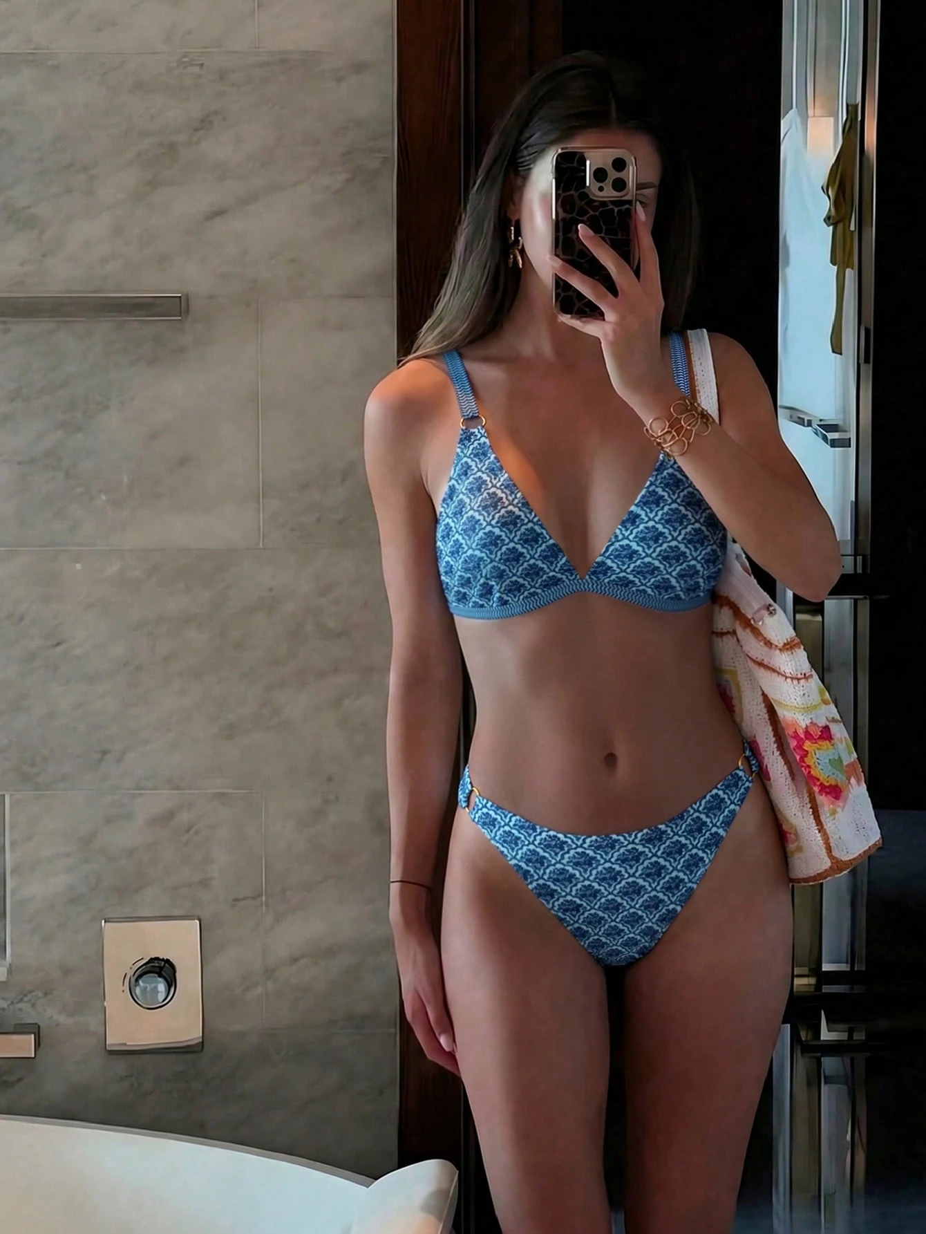Swim Mod 2 Peças/Conjunto Maiô Bikini Tipo Tanga de Cintura Alta com Estampa Floral Miúda, Roupa de Praia, Feminino - Azul - Visão 1