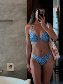 Swim Mod 2 件套女士碎花高开叉丁字裤比基尼泳装、沙滩装 - 藍色 - 查看 1