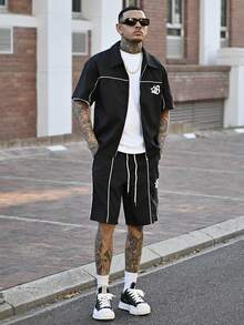 Devon Thys Manfinity Streetrush 3pcs Men's Star Print Short Sleeve Zipper Front Shirt & Shorts Outfit - Black - View 4