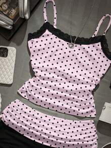 SHEIN EZwear 休闲简约性感粉色撞色蕾丝粉色底黑色波点性感吊带背心搭配撞色褶皱短裤，女士两件套，适合夏季穿着 - 彩色 - 查看 3