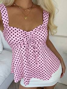 CovetEZ 2026 Spring/Summer New Women's Apparel: Pink Contrast Brown Polka Dot Sweet Cute Casual Versatile Ruffled Drawstring Blouse/Tank Top,Pink Top - Pink - View 6