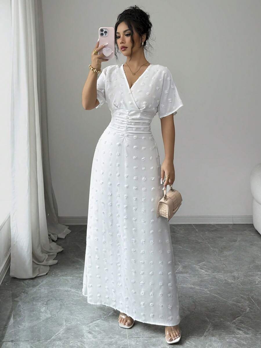 Elenzga Women's Shirred Cinched Waist Jacquard Pom Pom Elegant Romantic Party Casual Beach Wedding Guest Daily Commute White Short Sleeve Dress, Summer - White - View 1