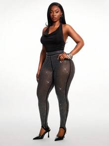 Radiana Plus Size Women's Rhinestone Embellished Casual Versatile Skinny Leggings, Suitable For Spring & Summer Black See Through Leggings Fishnet Leggings Black Mesh Pants Black See Through Tights Rhinestone Leggings Leggings For Women High Waisted Sexy Versatile Luxury Outfits - Black - View 6