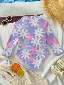 2025新款女童连体印花泳衣，长袖拉链连体衣，适合海滩和度假穿着。女童长袖泳衣，女童防晒泳衣，女童防晒花朵泳衣，女童长袖泳装，女童花朵泳衣，长袖泳衣。 - 淡紫色 - 查看 2