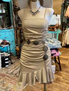 Franclia New Arrival Fitted Fashionable Western Casual Spaghetti Strap Ruffle Hem Women Short Dress - Khaki - View 1