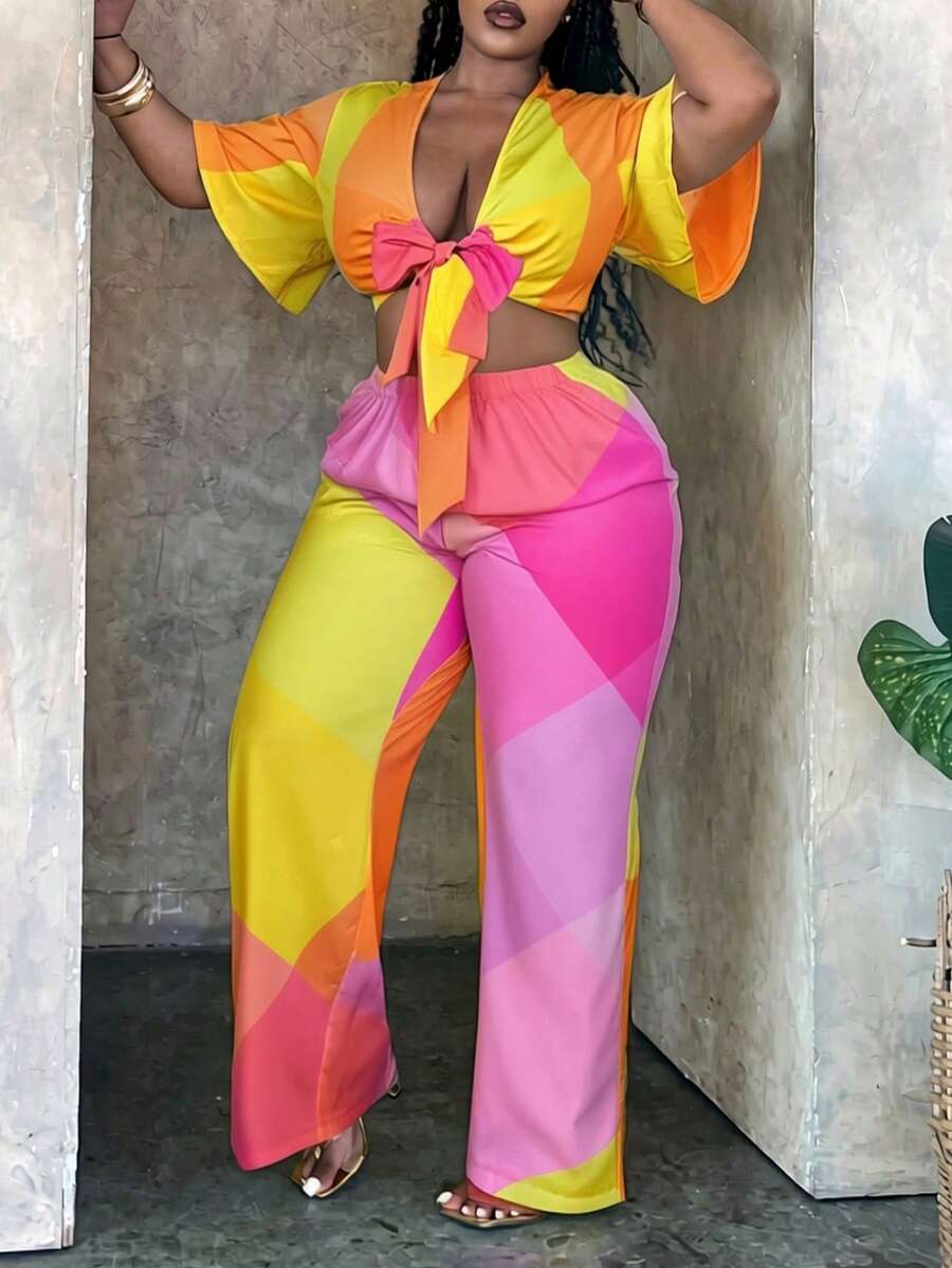 Slaydiva Slayr 大码度假系带热带植物印花两件套，夏季服装