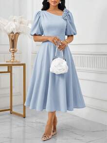SHEIN Lady Damen Einfarbiges 3D Blumen Dekor Kleid mit kurzen Petal-Ärmeln, elegantes Midi-Kleid - Babyblau - Übersicht 1