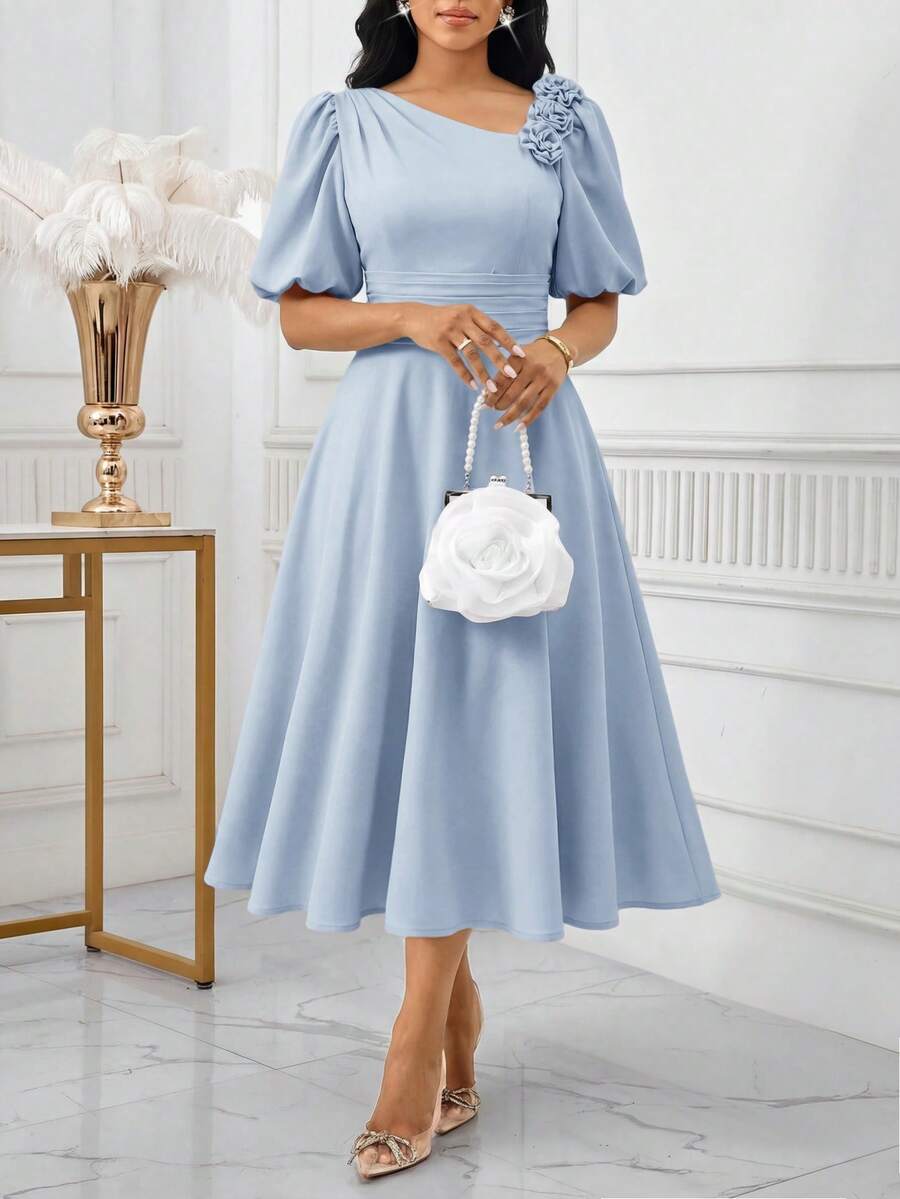 SHEIN Lady Damen Einfarbiges 3D Blumen Dekor Kleid mit kurzen Petal-Ärmeln, elegantes Midi-Kleid - Babyblau - Übersicht 1