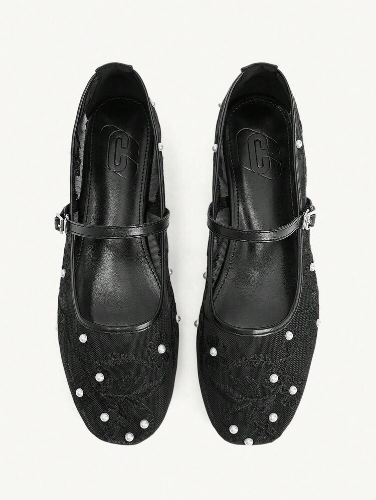 CUCCOO CHICEST Women Shoes Four Seasons New Embroidery Pearl Low Vamp Square Toe Flat Sole Shoes Elegant Elegant Fashion Mesh Women's Flat Shoes Soft Sole Ballet Shoes Elegant Commuter Mary Jane Shoes Wedding Shoes Summer Shoes Bride Shoes