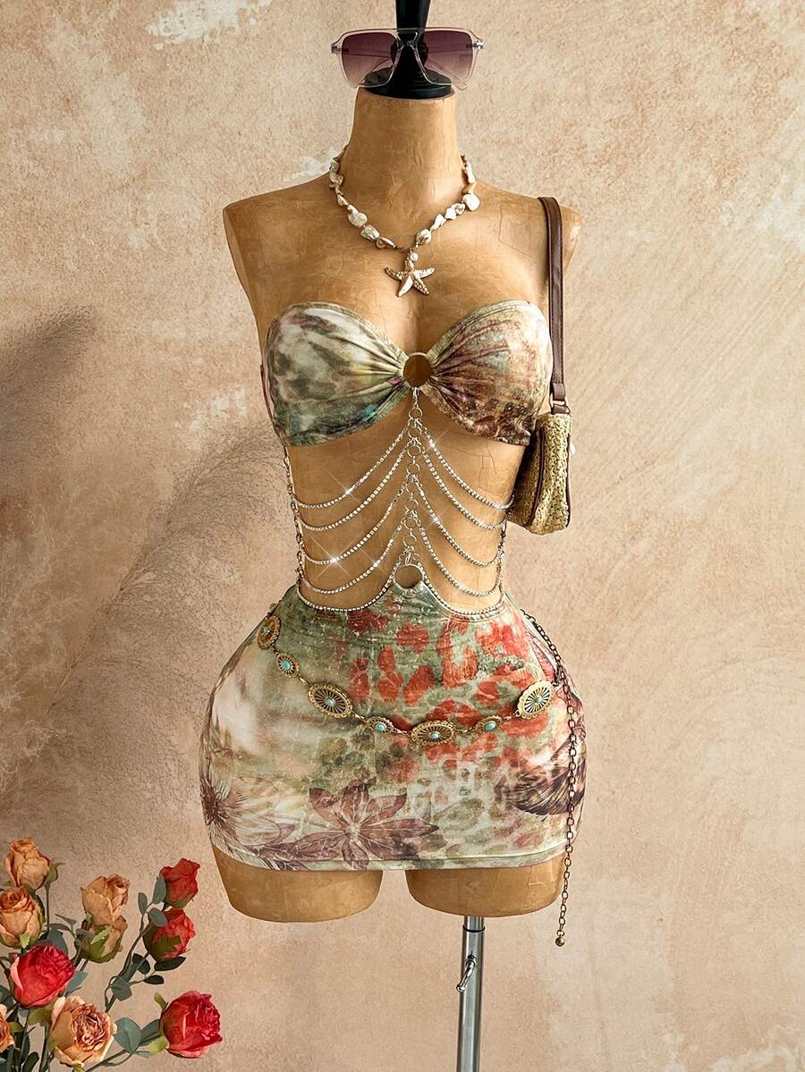 Soleia 浪漫热带印花镂空露背迷你连衣裙，性感度假装，适合海滩、邮轮、派对、音乐节、波西米亚风、嬉皮风、西部风、狂欢节、圣帕特里克节等场合。 - 白色 - 查看 1