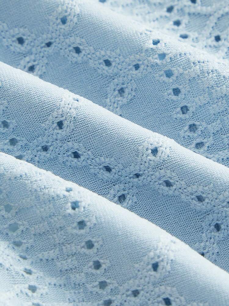 Sky Blue Stretch Broidery Anglaise Long Sleeve Top With Lace Trim Detail And Button Front Opening Cute Spring Summer Vintage Style French Style Parisian Style