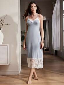Women's Elegant Frill Trim Camisole Nightgown - Dusty Blue - View 3