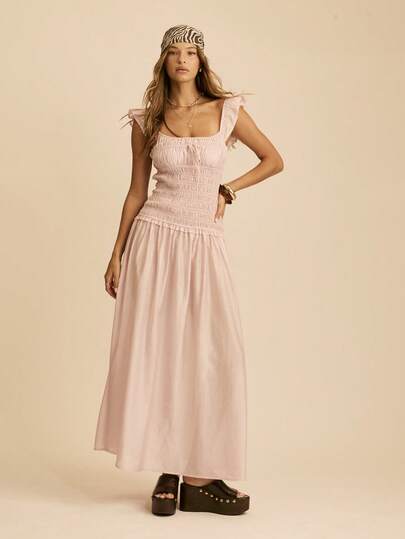 Aralina Women's Square Neck Ruffled Sleeve Tie Front Shirred Smocked Waist Cinched Waist Fit And Flare Flowy Maxi Dress Pink Dress Wedding Guest Dress Ruffled Dress Event Dress Graduation Dress Summer Dress