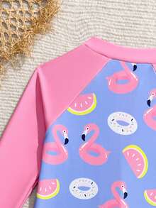 SHEIN Maiô Estampado de Flamingo para Bebê Meninas, Moda Casual Elegante Refinada Feminina Esportiva Alegre e Fofa, Diversão na Água Adequada para Férias, Piscina, Praia, Fotografia, Natal, Ano Novo, Dia dos Namorados, Halloween, Dia da Mentira - Multicolorido - Visão 6