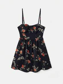 lacRébo Vestido mini ajustado con estampado floral negro, lazo frontal oversize, tirantes delicados y bajo acampanado. Vestido vintage lindo de estilo primaveral y veraniego, con estilo francés y parisino - Negro - Ver 6
