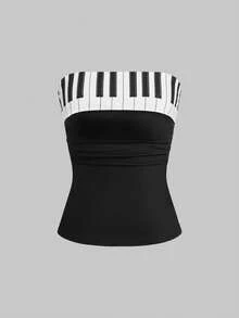 ROMWE Y2K Cute Casual Piano Key Print Collared Cropped Camisole Top With Side Slits For Women - Black - View 1