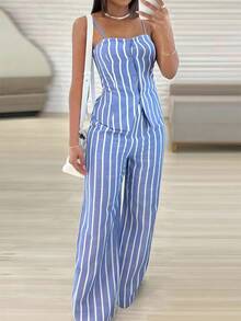 INAWLY 2pcs Set Casual Elegant Commuter Sleeveless Button Down Vest And Straight Leg Pants - Blue - View 4