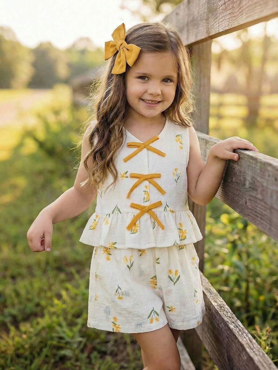 Emery Rose Kids Emery Rose Kids 两件套：无袖系带上衣和松紧腰短裤 - 黃色 - 查看 1