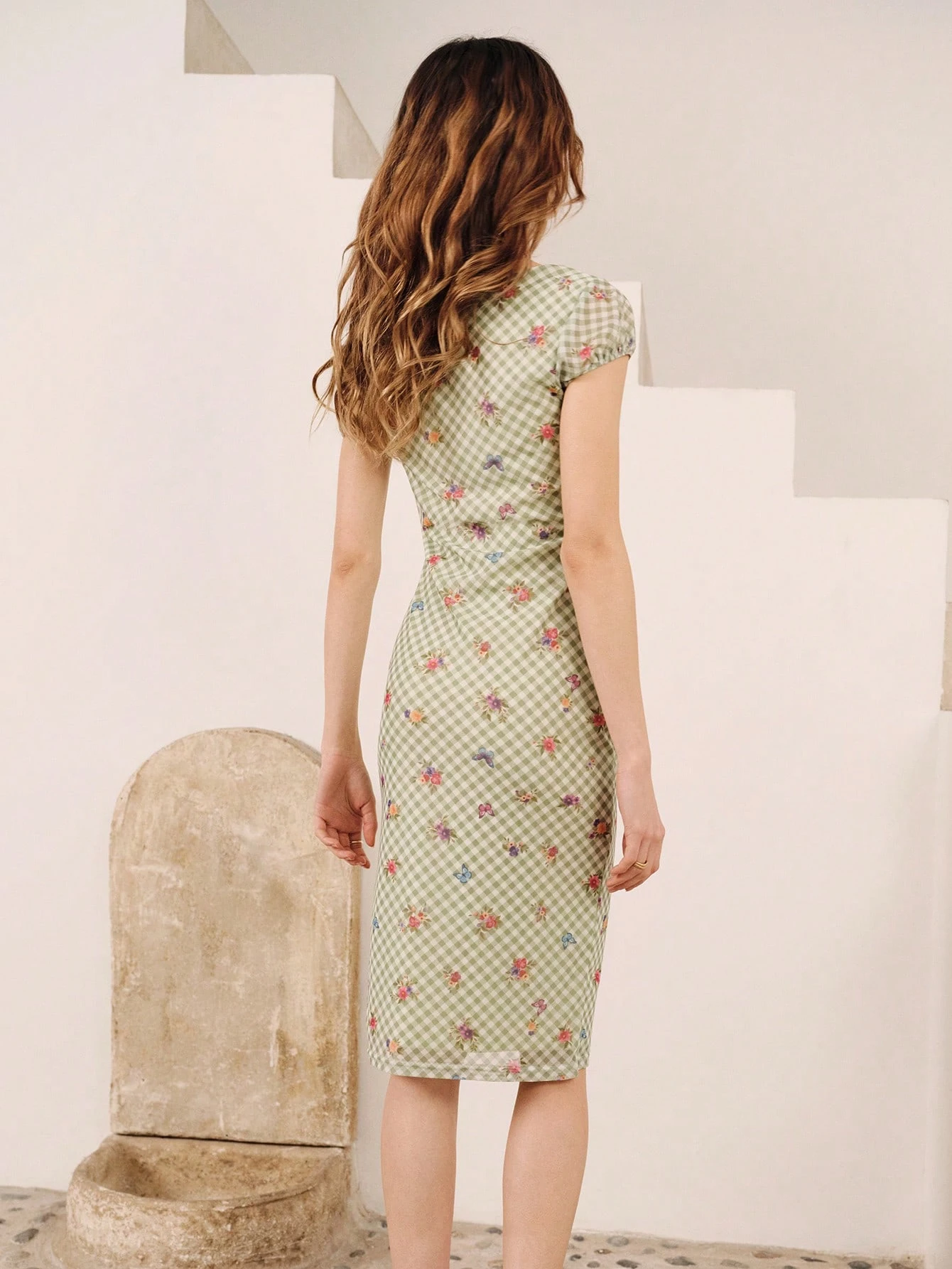 Cute Style Green Floral Tartan Print Fitted Mesh Midi Dress With Lace Details Spring Summer Vacation French Style Parisian Style Vintage Cute Dress Picnic Dress Mint Green Summer Dress Milkmaid Dress Floral Check Dress Green Checkered Dress