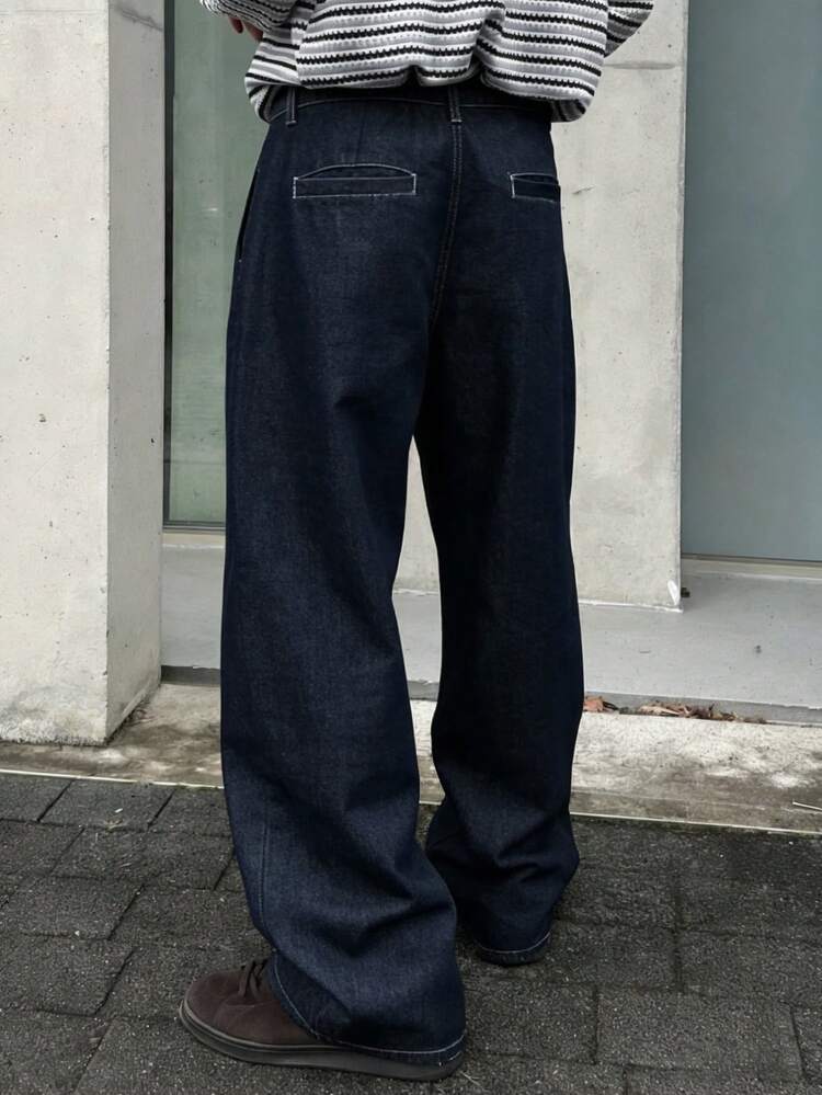 Men's Loose Fit Wide Leg Navy Blue Jeans, Suitable For Spring And Autumn