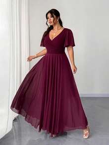 Elenzga Đầm chiffon dáng chữ A cổ chữ V tay bồng dành cho nữ cỡ lớn, mùa xuân/thu, thanh lịch và lãng mạn, thích hợp dự tiệc hoặc đám cưới. - Màu Đỏ Sâu - Xem 6