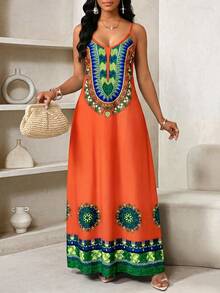 SHEIN Lady Women's Fashionable Black Printed Spaghetti Strap Dress, Summer - Multicolor - View 4