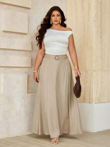 Roveilla 大码女式杏色蕾丝仿牛仔腰带，弹性腰带，可调节金属扣A字中长裙，优雅法式浪漫复古风，适合办公室通勤、商务休闲、海滩度假等场合，简约百搭，春夏新款 - 杏色 - 查看 5