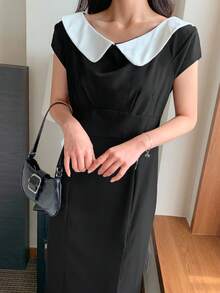 DAZY 女士彼得潘领收腰优雅中长连衣裙 - 黑色 - 查看 1