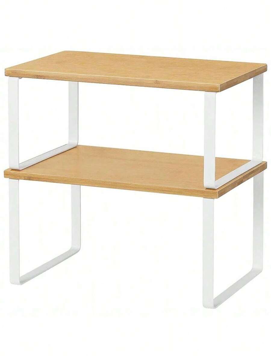 2件套橱柜置物架整理架可堆叠橱柜架厨房调料架木质整理架多功能桌面收纳架可扩展台面置物架浴室台面整理架 - 白色 - 查看 1