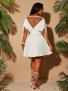 Radiana Plus Size Women's White Summer Beach Party Formal Vacation Evening Dinner Drop Shoulder Cinched Waist Ruffle Hem Mini Dress, Elegant Romantic - White - View 7