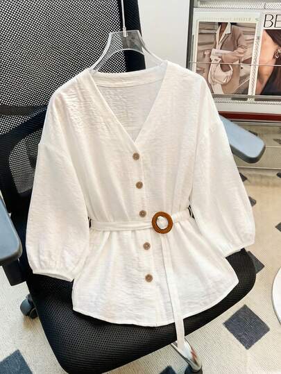 GlowEve CURVE เสื้อเบลาส์คอวีจับจีบสำหรับผู้หญิงไซส์ใหญ่ สวมใส่ได้ทุกวัน