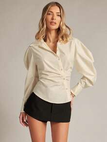 Hauture 女士秋冬/春季褶皱领不对称下摆修身衬衫 - 黃色 - 查看 3