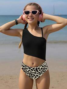 Tween Girl Leopardmönstrad Off-Shoulder Baddräkt i Helt Delat, Lämplig För Strandsemester, Poolparty, Strandfest - Svart - Visa 1