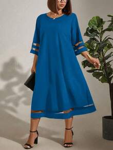 EMERY ROSE Plus Size Loose Mesh Splice Casual Dress Maxi Women Outfit - Blue - View 6
