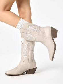 ROMWE Fairycore Women's White Western Boots, Pointed Toe Chunky Heel V-Cut Leather Boots, Low Heel Embroidered Knee-High Boots And Ankle Boots Y2K 2000s Style - Off-white + white embroidery - View 4