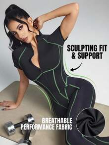 Innovista 女士休闲运动撞色缝线拉链短袖连体衣，黑色短袖连体衣/紧身衣，前拉链+拉链护片，可拆卸胸垫，透气网眼后背，绿色撞色线条，塑形压缩 | 健身房 HIIT | Gymtok 运动休闲 Clean Girl - 黑色 - 查看 8