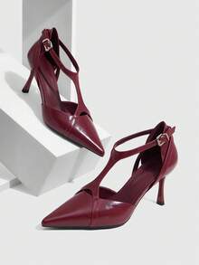 CUCCOO SZL Sapato de salto alto feminino com bico fino, fivela decorativa e cadarço vazado. - Borgonha - Ver 2