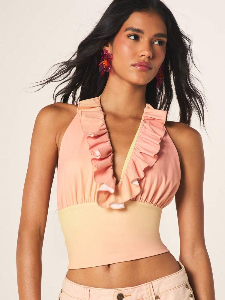 MISSGUIDED Halter Ruffle Ombre Silk Crop Top With Deep V-Neck And Tie Back Detail For Summer