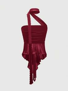 ROMWE Goth Top bandeau de mujer con volantes, de estilo moderno y sexy Y2K, con bufanda de malla desmontable, para primavera/verano y carnaval - Rojo - Ver 2