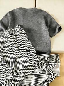 Teen Girls Casual Short Sleeve T-Shirt & Striped Pants Set - Dark Grey - View 2